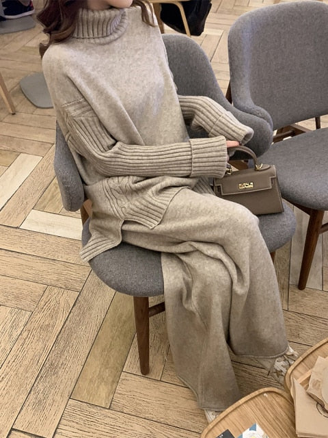 Sweater set women tracksuit spring autumn knitted suits 2 piece set warm turtleneck sweater pullovers wide legs pants-Dollar Bargains Online Shopping Australia