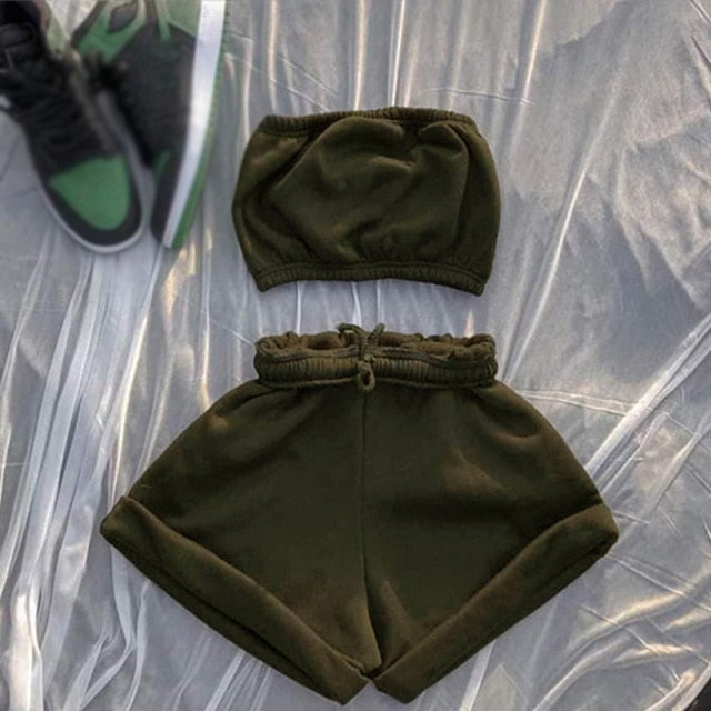 Casual Solid Sportswear Two Piece Sets Women Crop Top And Drawstring Shorts Matching Set Summer Athleisure Outfits-Dollar Bargains Online Shopping Australia