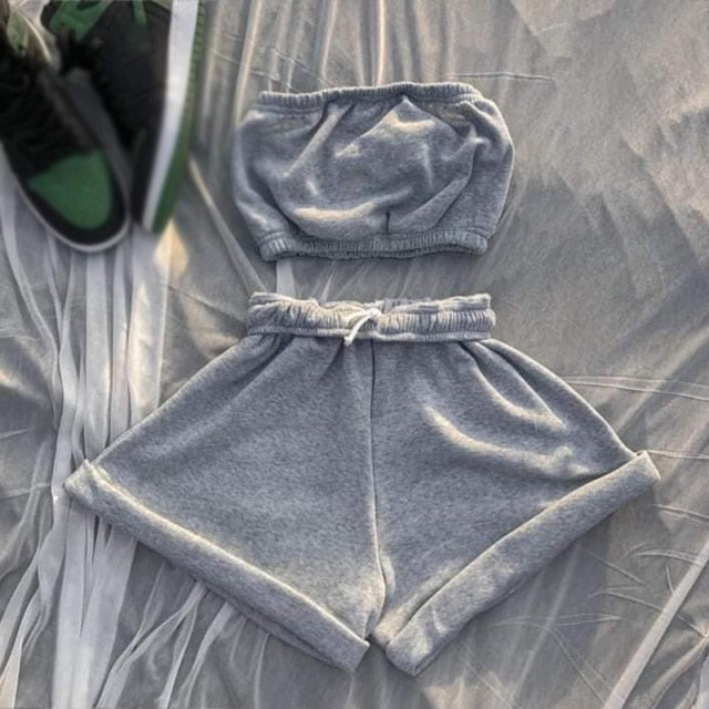 Casual Solid Sportswear Two Piece Sets Women Crop Top And Drawstring Shorts Matching Set Summer Athleisure Outfits-Dollar Bargains Online Shopping Australia