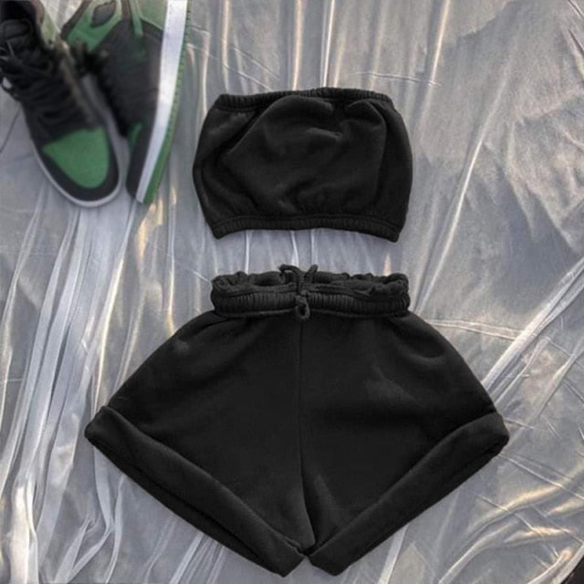 Casual Solid Sportswear Two Piece Sets Women Crop Top And Drawstring Shorts Matching Set Summer Athleisure Outfits-Dollar Bargains Online Shopping Australia