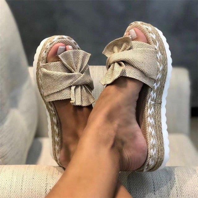 Women Slippers Platform Wedges Mid Heels Bow Tie Peep Toe Fashion Slides Beach Outdoor Ladies Shoes-Dollar Bargains Online Shopping Australia