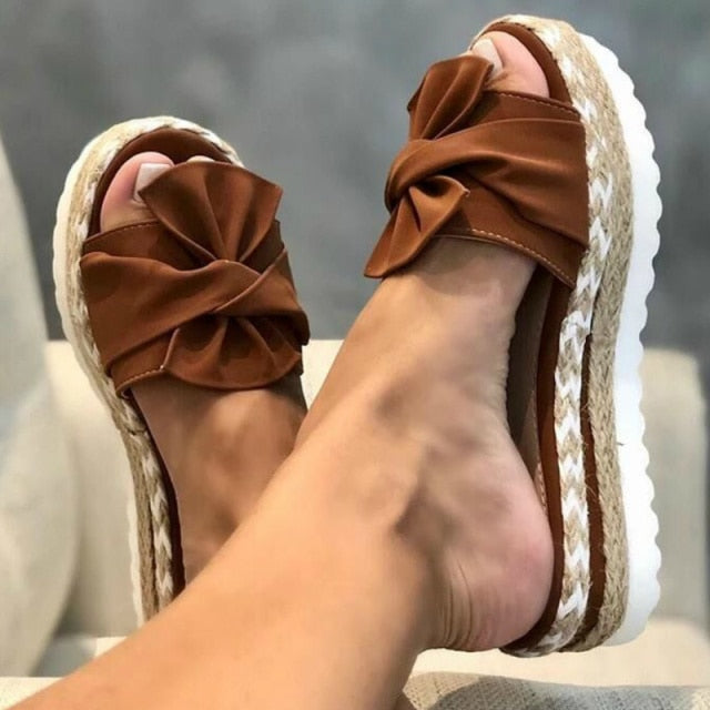 Women Slippers Platform Wedges Mid Heels Bow Tie Peep Toe Fashion Slides Beach Outdoor Ladies Shoes-Dollar Bargains Online Shopping Australia