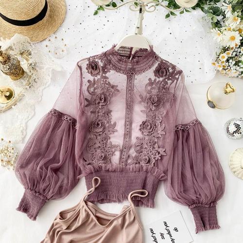 Women Tops Sheer Lace Blouse Lantern Sleeve 3D Floral Blouses Shirts Elegant Top-Dollar Bargains Online Shopping Australia