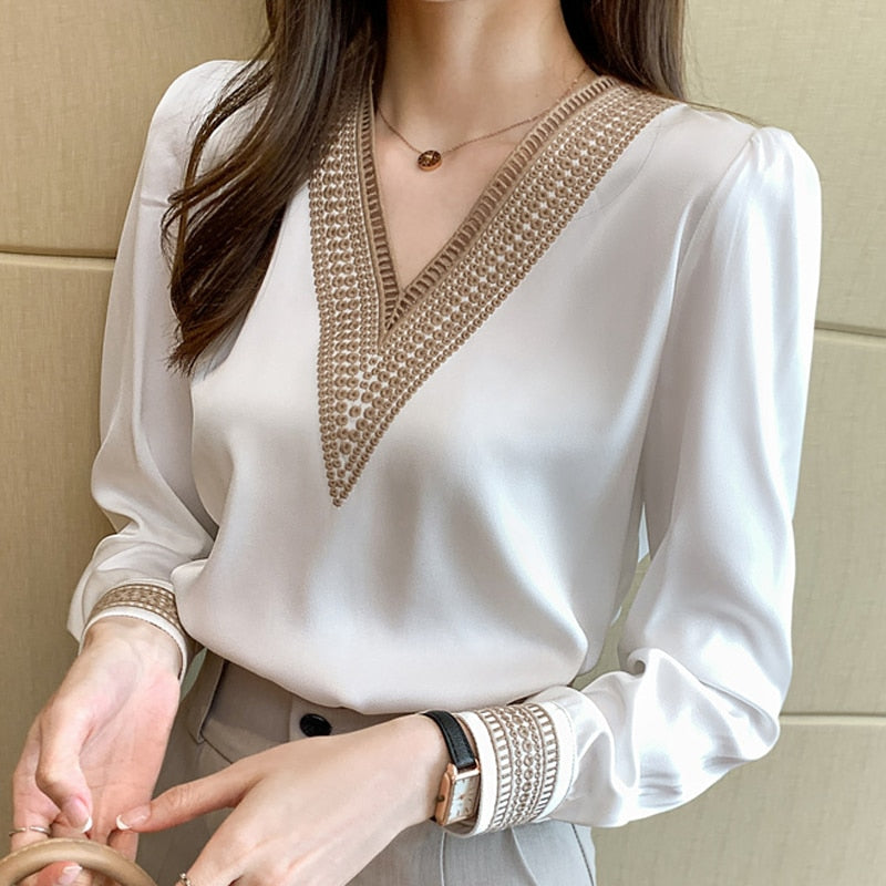 Long Sleeve White Blouse Tops Blouse Women Embroidery V-Neck Chiffon Blouse Shirt Women Blouses-Dollar Bargains Online Shopping Australia