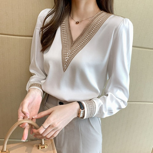Long Sleeve White Blouse Tops Blouse Women Embroidery V-Neck Chiffon Blouse Shirt Women Blouses-Dollar Bargains Online Shopping Australia