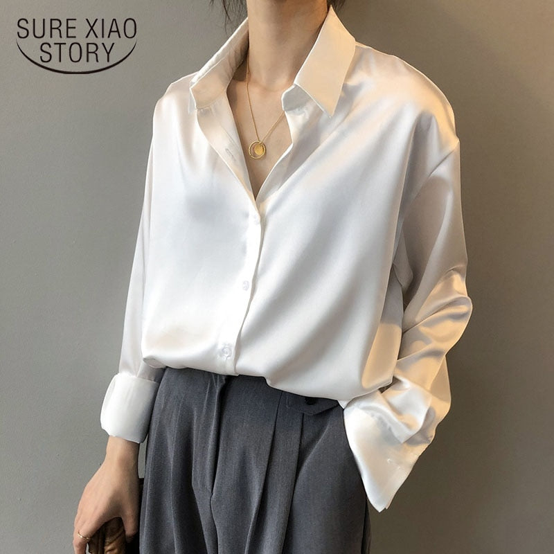 Autumn Fashion Button Up Satin Silk Shirt Vintage Blouse Women White Lady Long Sleeves Female Loose Street Shirts 11355-Dollar Bargains Online Shopping Australia