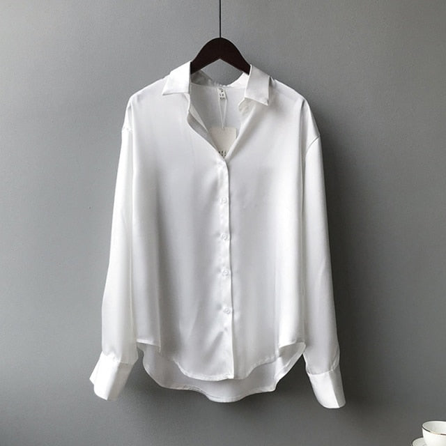Autumn Fashion Button Up Satin Silk Shirt Vintage Blouse Women White Lady Long Sleeves Female Loose Street Shirts 11355-Dollar Bargains Online Shopping Australia