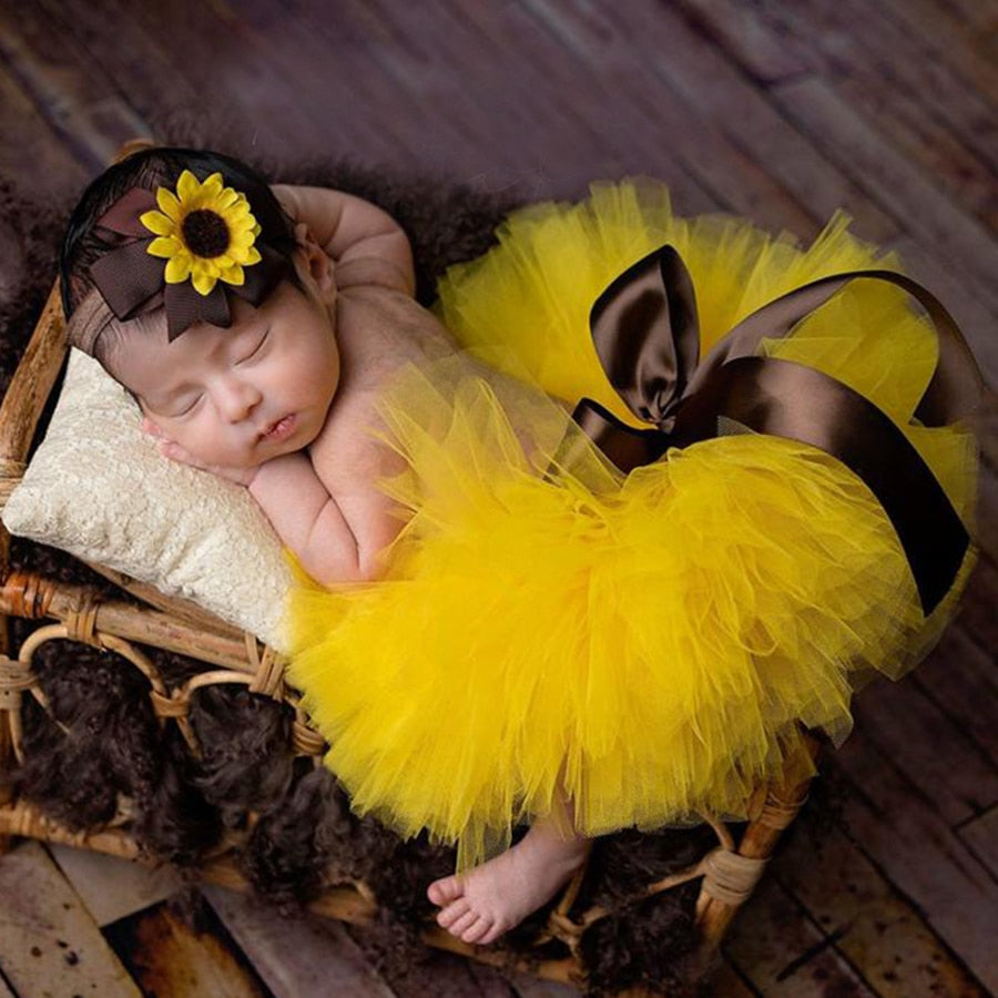 Fluffy Sunflower Tutu Set Baby Yellow Tutu Skirt with Headband Cake Smash Outfit Newborn Photo Props Infant Princess clothes-Dollar Bargains Online Shopping Australia