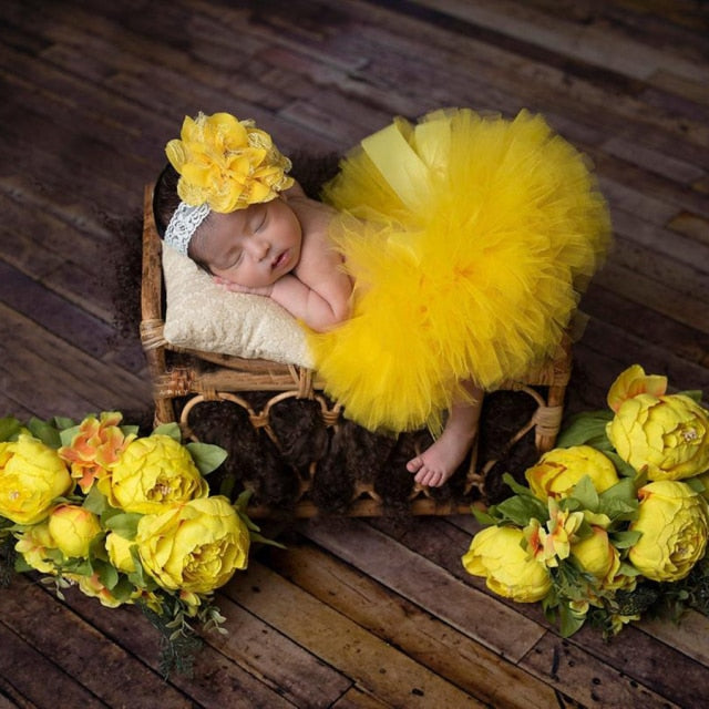 Fluffy Sunflower Tutu Set Baby Yellow Tutu Skirt with Headband Cake Smash Outfit Newborn Photo Props Infant Princess clothes-Dollar Bargains Online Shopping Australia