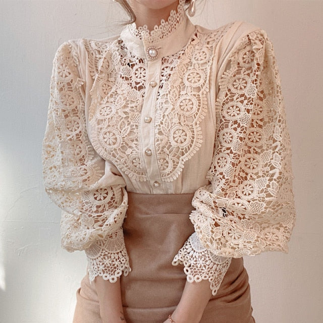 Petal Sleeve Stand Collar Hollow Out Flower Lace Patchwork Shirt Femme Blusas All-match Women Blouse Chic Button White Top 12419-Dollar Bargains Online Shopping Australia