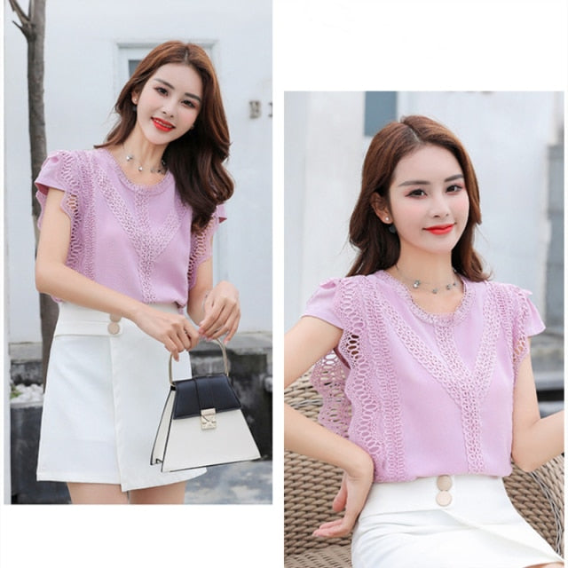 Korean Solid Shirt Women Blouse Summer Womens Tops and Blouses Lace Patchwork Blusas Mujer 4835-Dollar Bargains Online Shopping Australia