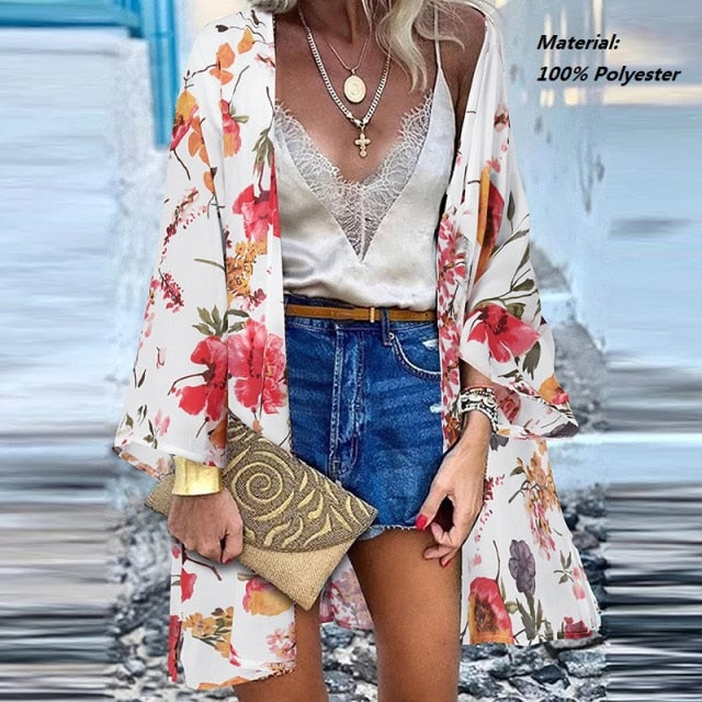 Women Cardigan Summer Open Front Bohemian Floral Printed Blouse Kimono Casual Loose Beach Tops Vintage Long Sleeve-Dollar Bargains Online Shopping Australia