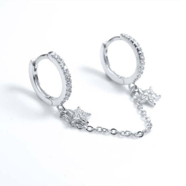 925 Sterling Silver Double Hole Link Chain Circle Hoop Earrings Zircon Moon Star Lightning Pendant Huggie Piercing Earring-Dollar Bargains Online Shopping Australia