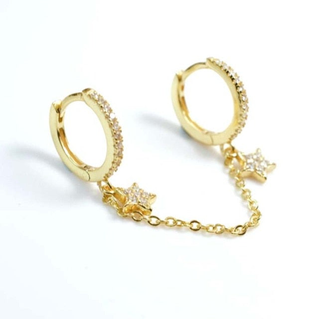 925 Sterling Silver Double Hole Link Chain Circle Hoop Earrings Zircon Moon Star Lightning Pendant Huggie Piercing Earring-Dollar Bargains Online Shopping Australia