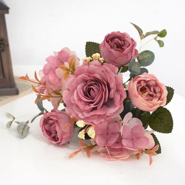 Artificial Flowers Retro Silk Rose Bouquet Hydrangea Peony Vintage Bride Holding Fake Plants Home Wedding Decoration Accessories-Dollar Bargains Online Shopping Australia