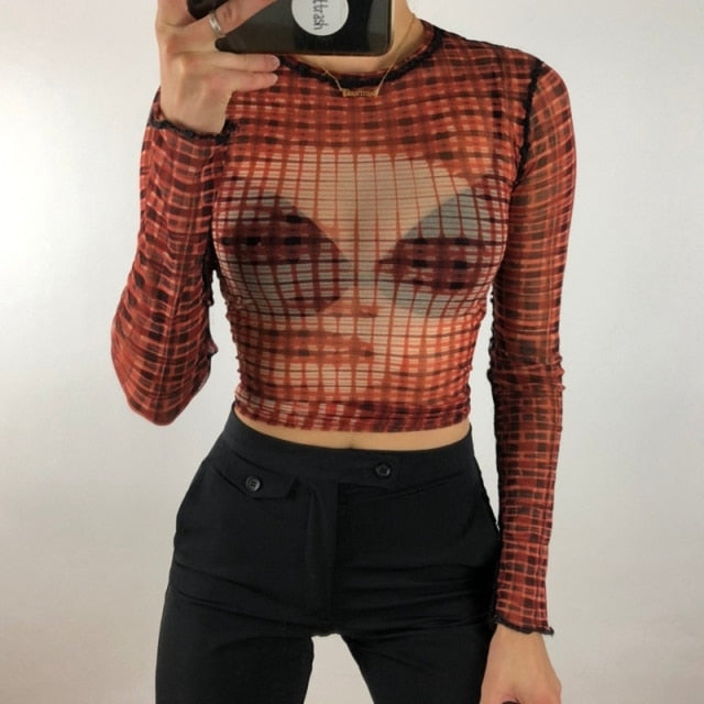 Gothic Print Mesh T-shirt Women Long Sleeve Slim Fit Cropped Top Aesthetic Summer Tee Streetwear 90s Vintage Punk Style Tee-Dollar Bargains Online Shopping Australia