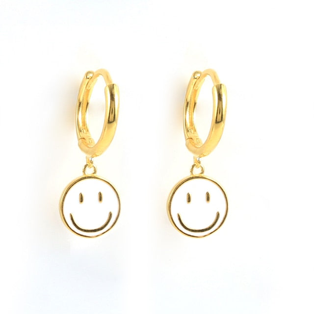 925 Sterling Silver Funny Smile Face Pendant Hoop Earrings For Women Colored Enamel Smiley Charm Circle Earrings Jewelry-Dollar Bargains Online Shopping Australia