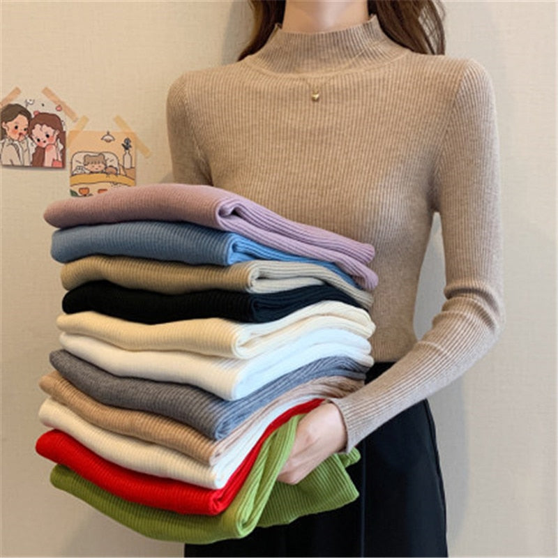 Women Pullovers Sweater Autumn Winter Turtleneck Knitted Sweater Women Tops Long Sleeve Short Slim Sweater Girls-Dollar Bargains Online Shopping Australia