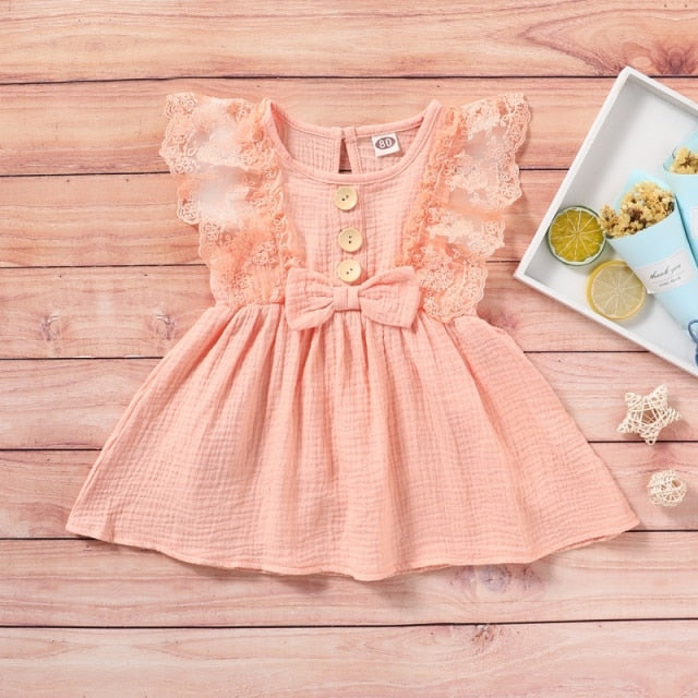 Baby Girl Cotton Linen Sleeveless Dress Fashion Lace-edged Casual Sundress Bow Dress Clothes-Dollar Bargains Online Shopping Australia