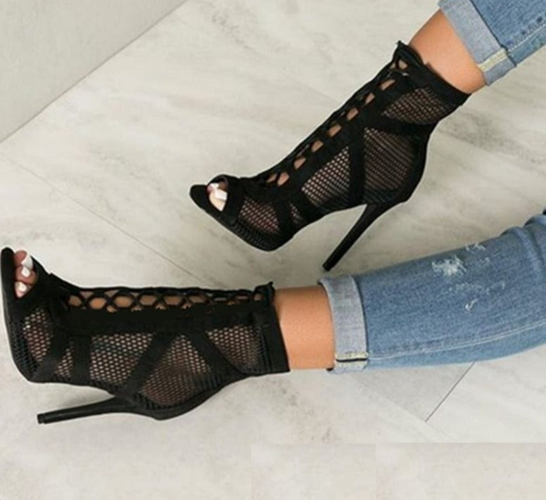 Sandals Lace Up Cross-tied Peep Toe High Heel Ankle Strap Net Surface Hollow Out Sandals-Dollar Bargains Online Shopping Australia