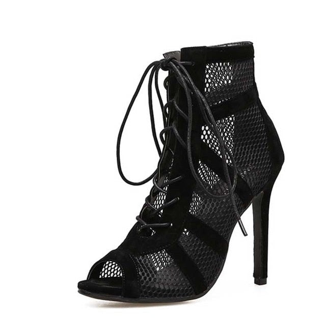 Sandals Lace Up Cross-tied Peep Toe High Heel Ankle Strap Net Surface Hollow Out Sandals-Dollar Bargains Online Shopping Australia