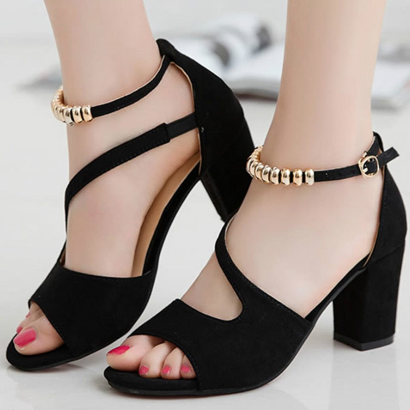 Fish mouth hollow Roman sandals thick with word with beaded high heels female summer Sexy female sandals-Dollar Bargains Online Shopping Australia