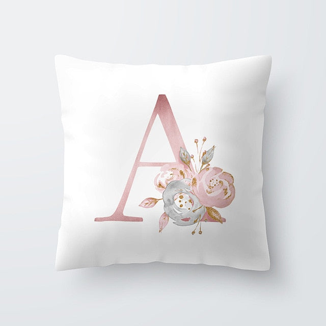 Pink Letter Decorative Floral Pillow Gold Alphabet Cushion for Sofa Polyester Pillowcase Decoration Salon-Dollar Bargains Online Shopping Australia