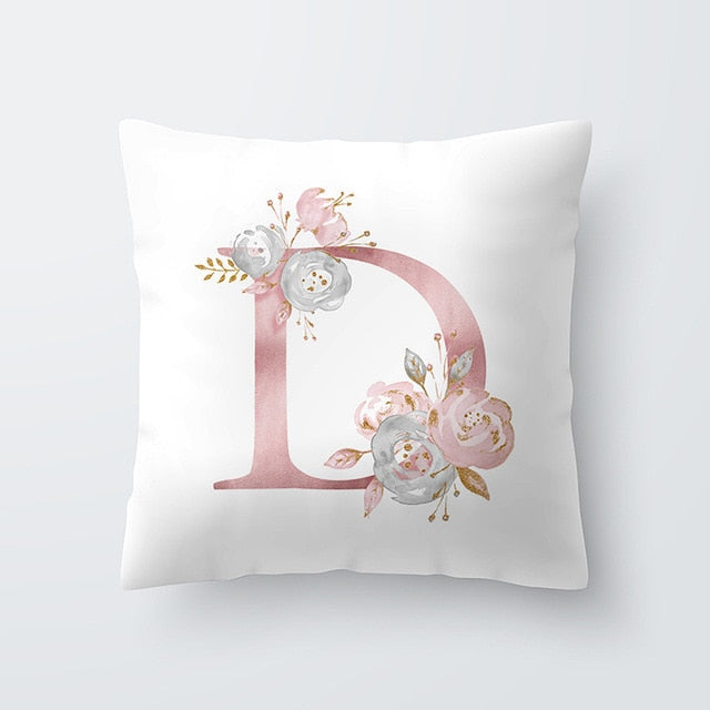 Pink Letter Decorative Floral Pillow Gold Alphabet Cushion for Sofa Polyester Pillowcase Decoration Salon-Dollar Bargains Online Shopping Australia