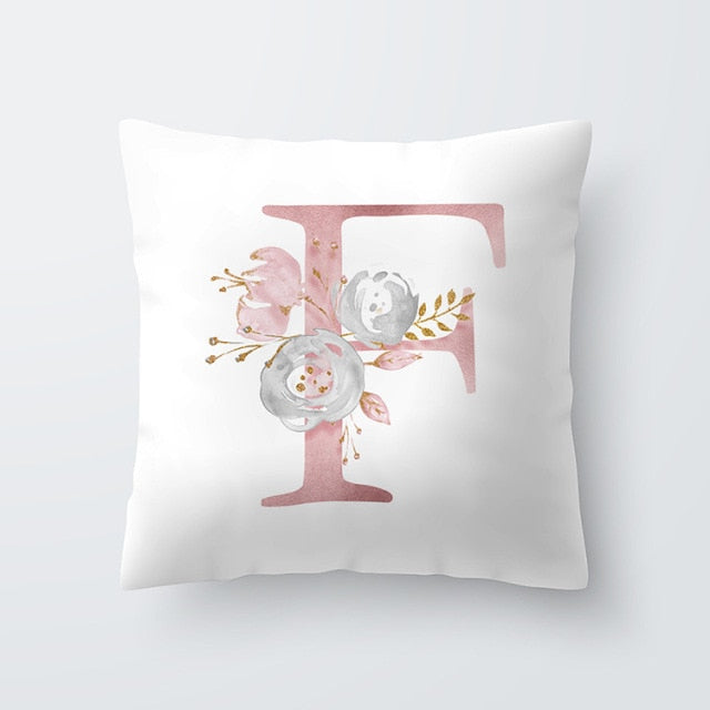 Pink Letter Decorative Floral Pillow Gold Alphabet Cushion for Sofa Polyester Pillowcase Decoration Salon-Dollar Bargains Online Shopping Australia