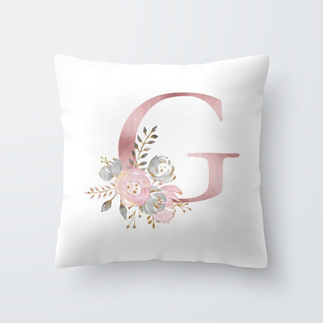 Pink Letter Decorative Floral Pillow Gold Alphabet Cushion for Sofa Polyester Pillowcase Decoration Salon-Dollar Bargains Online Shopping Australia