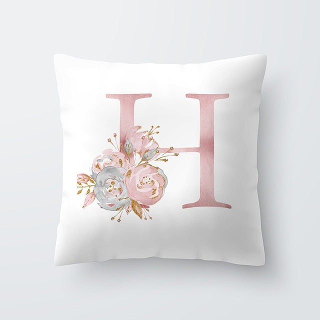 Pink Letter Decorative Floral Pillow Gold Alphabet Cushion for Sofa Polyester Pillowcase Decoration Salon-Dollar Bargains Online Shopping Australia