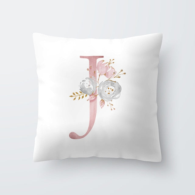 Pink Letter Decorative Floral Pillow Gold Alphabet Cushion for Sofa Polyester Pillowcase Decoration Salon-Dollar Bargains Online Shopping Australia