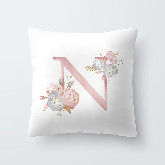 Pink Letter Decorative Floral Pillow Gold Alphabet Cushion for Sofa Polyester Pillowcase Decoration Salon-Dollar Bargains Online Shopping Australia