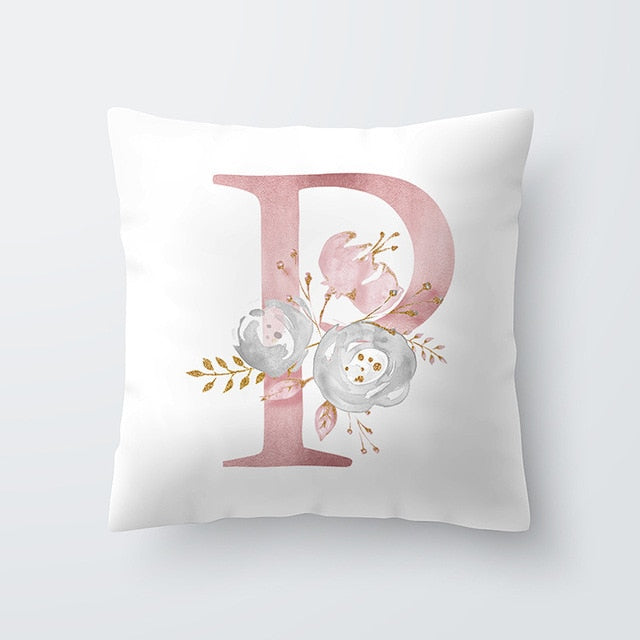 Pink Letter Decorative Floral Pillow Gold Alphabet Cushion for Sofa Polyester Pillowcase Decoration Salon-Dollar Bargains Online Shopping Australia