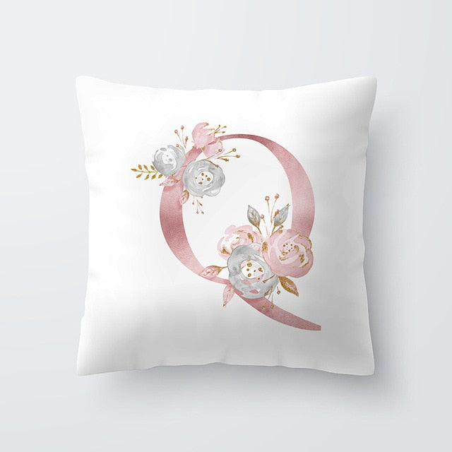 Pink Letter Decorative Floral Pillow Gold Alphabet Cushion for Sofa Polyester Pillowcase Decoration Salon-Dollar Bargains Online Shopping Australia