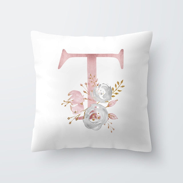 Pink Letter Decorative Floral Pillow Gold Alphabet Cushion for Sofa Polyester Pillowcase Decoration Salon-Dollar Bargains Online Shopping Australia