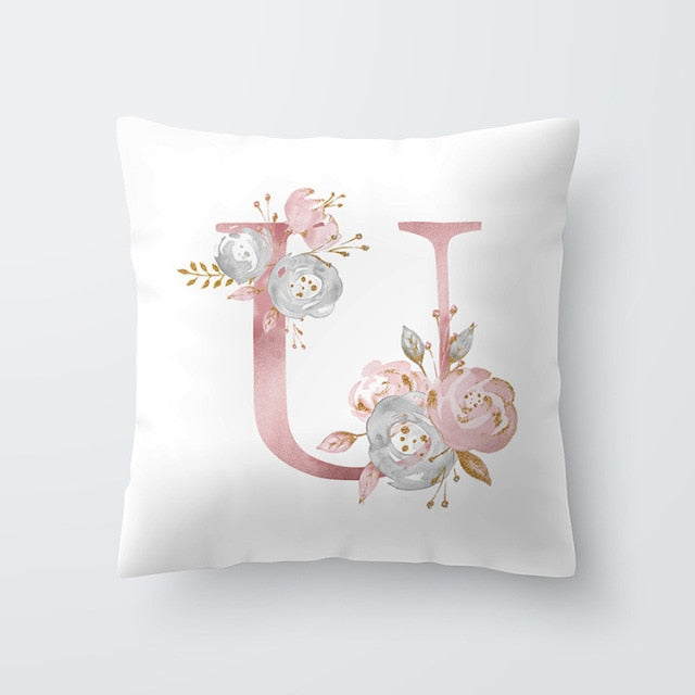 Pink Letter Decorative Floral Pillow Gold Alphabet Cushion for Sofa Polyester Pillowcase Decoration Salon-Dollar Bargains Online Shopping Australia