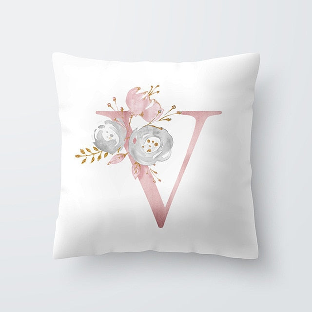 Pink Letter Decorative Floral Pillow Gold Alphabet Cushion for Sofa Polyester Pillowcase Decoration Salon-Dollar Bargains Online Shopping Australia