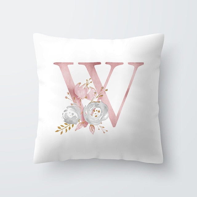 Pink Letter Decorative Floral Pillow Gold Alphabet Cushion for Sofa Polyester Pillowcase Decoration Salon-Dollar Bargains Online Shopping Australia