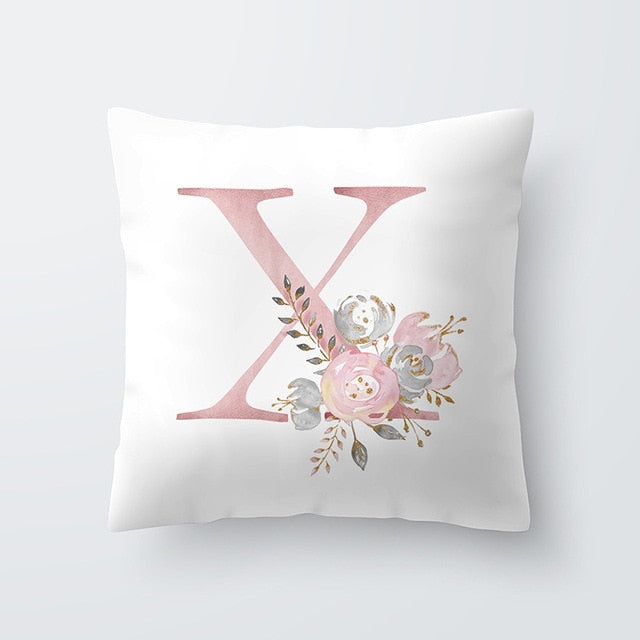 Pink Letter Decorative Floral Pillow Gold Alphabet Cushion for Sofa Polyester Pillowcase Decoration Salon-Dollar Bargains Online Shopping Australia