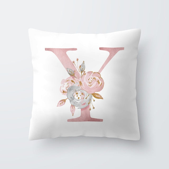 Pink Letter Decorative Floral Pillow Gold Alphabet Cushion for Sofa Polyester Pillowcase Decoration Salon-Dollar Bargains Online Shopping Australia