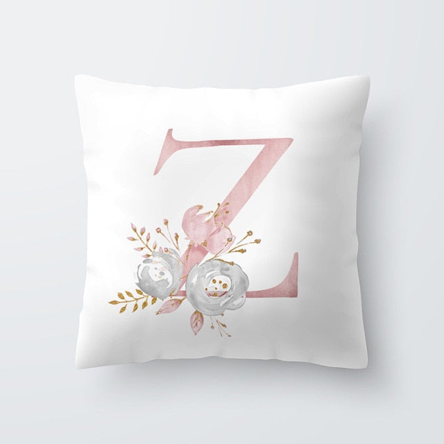 Pink Letter Decorative Floral Pillow Gold Alphabet Cushion for Sofa Polyester Pillowcase Decoration Salon-Dollar Bargains Online Shopping Australia