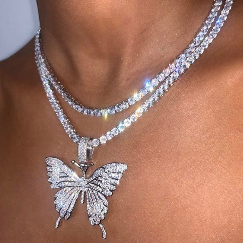 Statement Big Butterfly Pendant Necklace Rhinestone Chain for Women Bling Tennis Chain Crystal Choker Necklace Party Jewelry-Dollar Bargains Online Shopping Australia