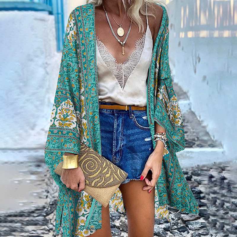 Women Cardigan Summer Open Front Bohemian Floral Printed Blouse Kimono Casual Loose Beach Tops Vintage Long Sleeve-Dollar Bargains Online Shopping Australia