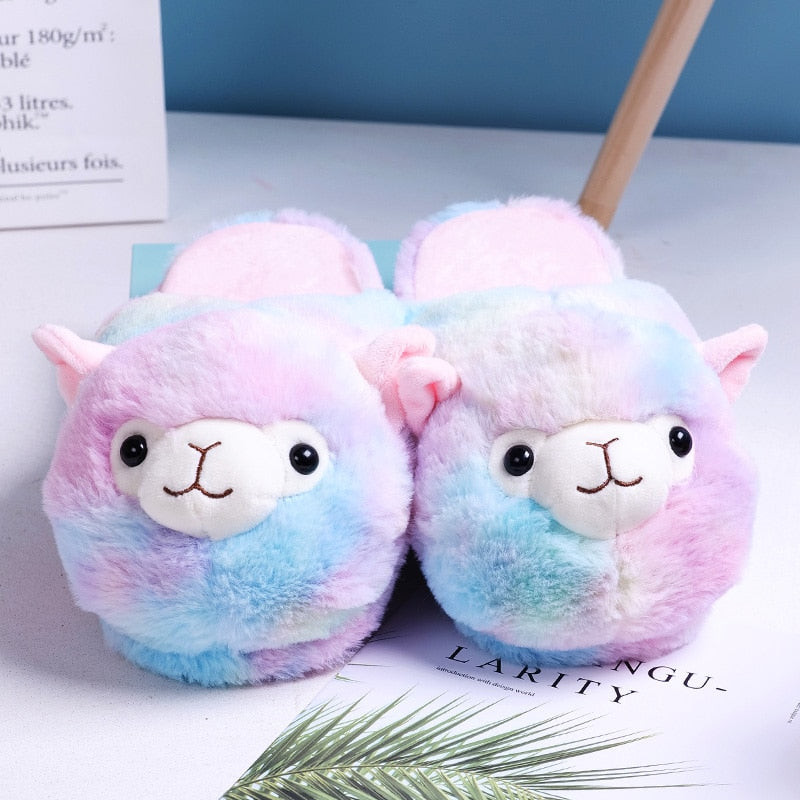 Cute Cartoon Alpaca House Women Fur Slippers Winter Warm Plush Parent-Child Floor Slides Indoor Bedroom Girls Fluffy Slippes-Dollar Bargains Online Shopping Australia