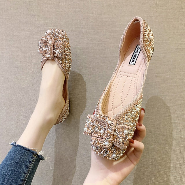 Women Ballet Flats Bling Crystal Diamond Dress Ladies Bow Sequins Single Shoes Rhinestone Glitter Square Toe-Dollar Bargains Online Shopping Australia