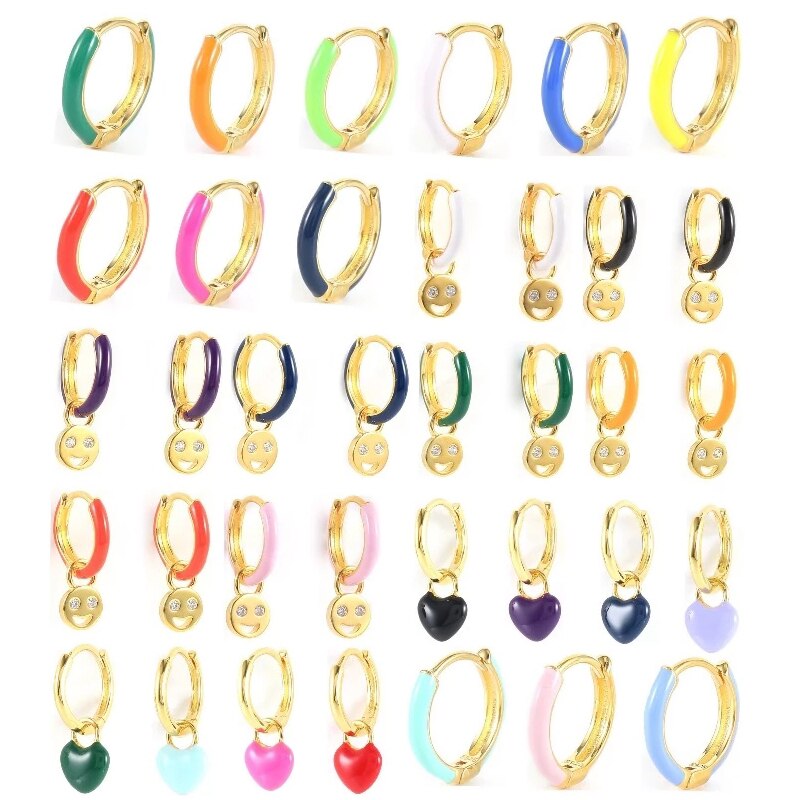 925 Sterling Silver Fashion Colored Enamel Heart Pendants Hoop Earrings For Women Cute Smiley Face Charm Drop Oil Earrings-Dollar Bargains Online Shopping Australia