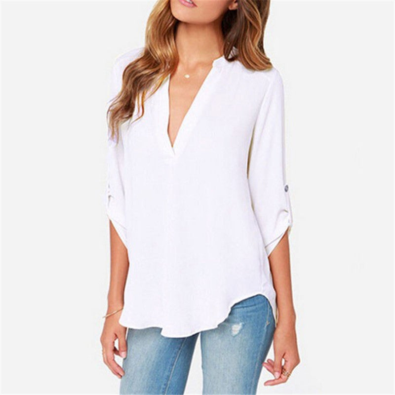 Sexy Women V-neck Chiffon Blouse Casual Long Sleeve Solid Shirts Tops Plus Size 5XL feminina camisas 1WBL074-Dollar Bargains Online Shopping Australia