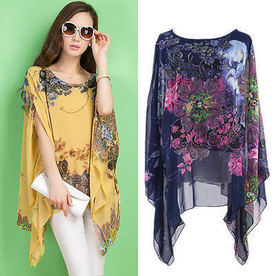 Fashion Floral Women Ladies Sexy Batwing Sleeve Loose Chiffon Floral Printed Blouse Tops-Dollar Bargains Online Shopping Australia