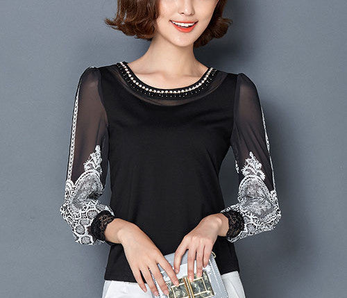 S-4XL Women clothing Elegant Chiffon blouse Long sleeve Patchwork Printed shirt Beaded Plus size Casual Women lace Tops-Dollar Bargains Online Shopping Australia